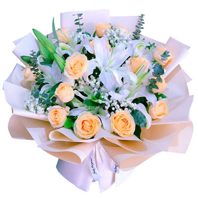 北海16朵香槟玫瑰2支百合，爱的温暖和幸福
