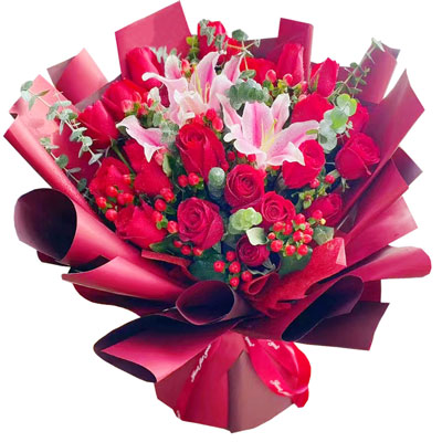 北海22朵红玫瑰百合，爱的火焰