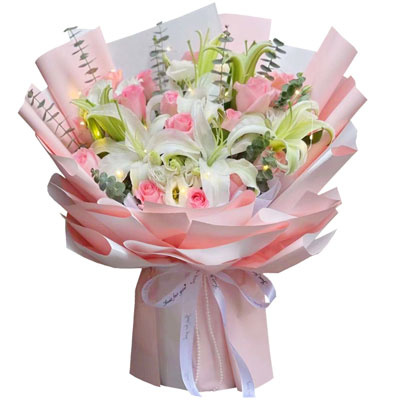 北海16朵粉玫瑰百合，感情稳定坚固