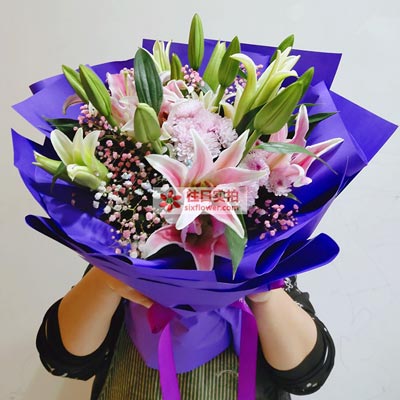 北海6支粉色多头百合，真诚的问候