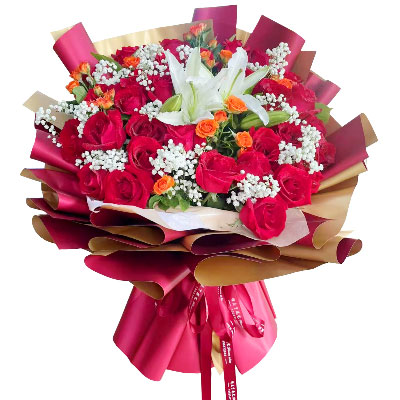 北海33朵红玫瑰百合，爱如同花般绽放